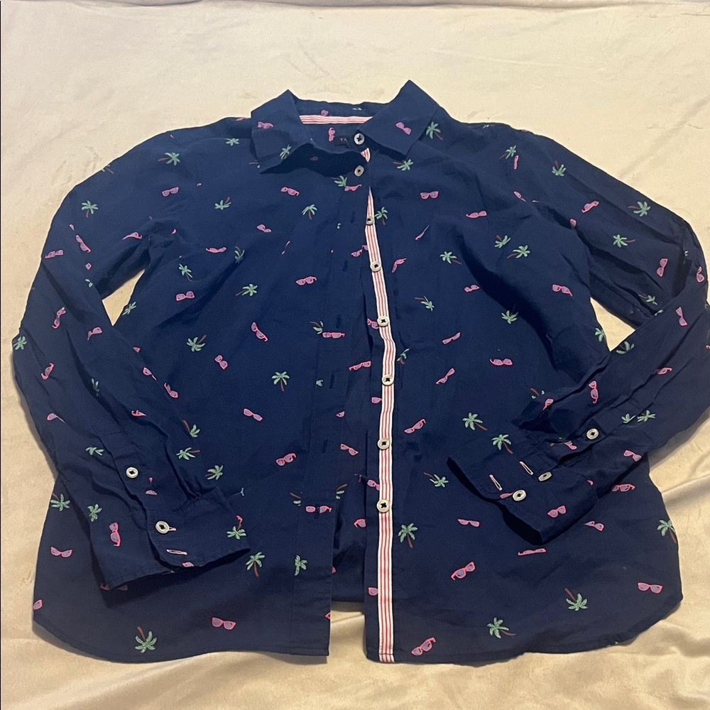 Talbots Navy Button Down Shirt with Pink and Green Accents